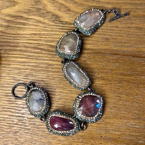 Elegant natural raw gem bracelet with 2 tone crystal halos in oxidized sterling